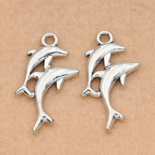 10 pçs duplo golfinho charme pingente apto pulseira colar tibetano banhado a prata jóias diy fazendo acessórios 28x16mm 2024 - compre barato
