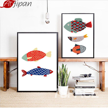 Atfipan Framed Minimalist Cartoon Fish Wall Art Print Canvas Painting Watercolor Wall Pictures Living Room Decoration 2024 - buy cheap