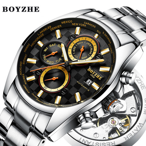 BOYZHE Men Sports Automatic Mechanical Watch Fashion Casual Luxury Brand Waterproof Stainless Steel Gold Watch Relogio Masculino 2022 - buy cheap