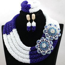 Gorgeous 4 Layers White Mix Royal Blue African Bride Full Necklace Jewelry Set Wedding Nigerian Beads 2017 Free Shipping HX900 2024 - buy cheap