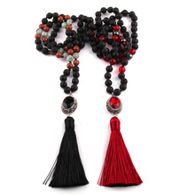 Free Shipping Bohemian Tribal Jewelry Fashion Natural Semi Precious Lava Stone Crystal Pave link Tassel Necklace 2024 - buy cheap