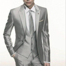 Terno masculino de cetim cinza-prateado, roupa para casamento, blazer formal, masculino, slim, customizado, 3 peças, 2020 2024 - compre barato