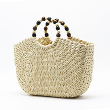Bolsa de palha feminina com alça de contas, cesta de vime artesanal feita a mão, verão 2020 2024 - compre barato