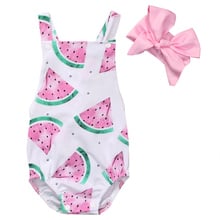 Roupa infantil de verão, adorável, sem mangas, estampa de melancia, body, macacão, tiara, 2 peças, conjunto de roupas 2024 - compre barato