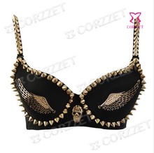 Lingerie sexy 32-40b para mulheres, sutiã metálico punk em dourado preto com pinos e rebites para clube de dança, roupa de baixo 2024 - compre barato