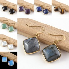 KFT Wholesale Natural Healing Crystal Reiki Stone Earring Lapis Lazuli Rhombus Cabochon Drop Dangle Hook Stone Women Earrings 2024 - buy cheap