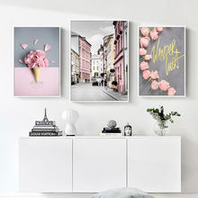 Pintura de tela estilo nórdico, decoração para casa, flores rosas, pôster de parede, arte moderna, cenário, quarto, decoração minimalista, moda, pintura de arte 2024 - compre barato