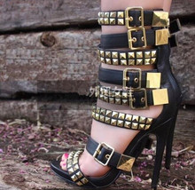 White/black leather buckles strap gold studded sandals summer gladiator sandal boots  woman rivets thin high heels ankle boots 2024 - buy cheap