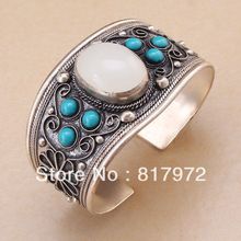 Retro blue stone howlite whiet opal bead tibet silver beaded cuff bracelet Adjustable Party Gift   &6YB00030 2024 - buy cheap