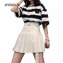 NYOOLO Harajuku style Solid Color High Waist Skirt Summer women mini A-line Pleated Skirt with Love Buckle sashes School uniform 2024 - buy cheap