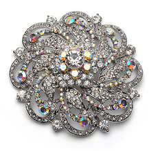 3.5" Extra Large Rhodium Silver Plated Vintage Style Crystal Bridal Floral Brooch 2024 - buy cheap