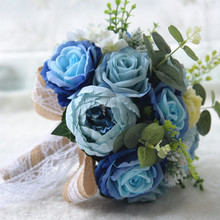 Buquês de rosas artificiais e azuis, flor para casamento com renda de juta, 1 peça 2024 - compre barato