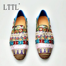 LTTL New Arrival Mixed-color Patchwork Embroidered Loafers Handmade Glitter Men Slippers Loafer Fashion Summer Shoes Men Flats 2024 - buy cheap