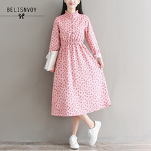 Женское вельветовое платье Mori Girl, винтажное розовое платье с длинным рукавом и принтом вишни, весна-осень 2019 2024 - купить недорого