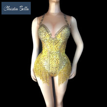 Christia bella sexy ouro strass feminino bodysuits borla collant senhoras discoteca pole dança trajes desempenho wear 2024 - compre barato