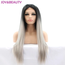 JOY&BEAUTY 26 inch Black To Gray Long Natural straigh Lace Front Wig Synthetic Hair High Temperature Fiber For Women Wig 2024 - buy cheap