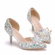 Spring color rhinestone flower stiletto pointed white crystal bridal wedding shoes plus size banquet dress custom female sandals 2024 - buy cheap