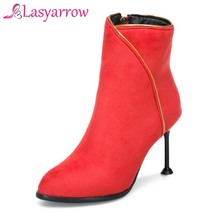 Lasyarrow botas femininas de salto alto, outono inverno, vermelho, botas de casamento femininas, salto fino, bico de bico fino, zíper, botas tornozelo para mulheres, q219 2024 - compre barato