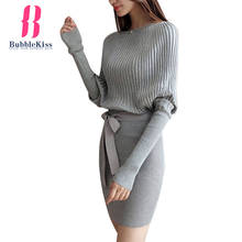 Batwing Sleeve Knit Mini Dress Bow Plain Long Sleeve Autumn Winter Casual Bodycon Dresses Women Bow Work Office Dresses 2024 - buy cheap