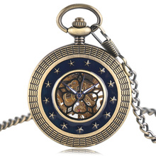 Antique Mechanical Hand Wind Pocket Watch Men Women Dark Blue Star Hollow Circle Brozne Unisex Fob Clock With Necklace 2024 - buy cheap
