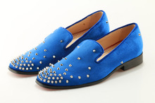 Sapato social masculino blue spiked loafers rivets men formal shoes leather slip on velvet slipper causal dress wedding shoes 2024 - buy cheap