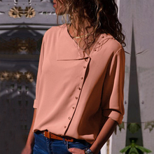 Blusa de botão lateral irregular raylisvow, camisas de outono manga comprida com gola skew no escritório para mulheres, tops e blusas femininas 2024 - compre barato