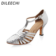 Dileechi prata espumante glitter/leatherette latin/moderno sapatos de dança outono e inverno sapato de dança de salão para mulher 2024 - compre barato