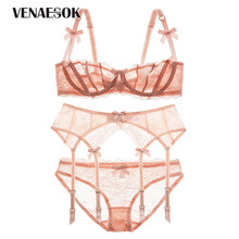 Europe New Women Underwear 3 Piece Bra+Panties+Garter Pink Bras Embroidery Bra Set Sexy Transparent Brassiere Lace Lingerie Set 2024 - buy cheap