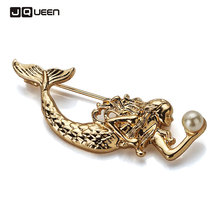 Gold Color Vintage Alloy Mermaid Brooches Simulated Pearl Lapel Pin Brooch for Women Lady Jewelry Gift 2024 - buy cheap