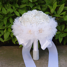 JaneVini роскошный свадебный букет с жемчужинами и кристаллами, белая атласная роза, свадебный букет с искусственными бусинами для невесты 2024 - купить недорого