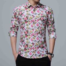 O estádio da noite de personalidade estilista masculino design retrô camisa floral com rosas floridas impressas manga comprida slim fit 2024 - compre barato