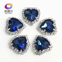 Free shipping Silver bottom Ink blue top grade Crystal glass buckle,heart shape sew on rhinestones  Diy/jewelry accessories 2024 - buy cheap