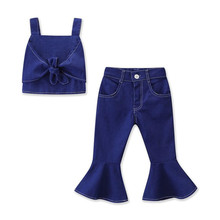 Fashion Girls Sling Two Piece Outfit 2019 Summer New Cotton Denim Blue Bowknot Sling Top+Flare Pant Kids Girls Jeans Suit 1-5Yrs 2024 - buy cheap