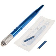 Manual Cosmetic Tattoo Eyebrow Blue Pen Alloy + 10pcs 12pins Blue Blades Microblading Permanent Makeup Blue pens Sets 2024 - buy cheap