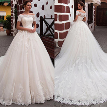 Attractive Tulle Boat Neckline Ball Gown Wedding Dress With Lace Appliques Short Sleeves Bridal Dress vestido de 2024 - buy cheap