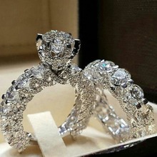 Chic Women White Silver Plated Ring Set Wedding Engagement Jewelry Gift Sz 6-10 Rhinestone Couple Ring Unique Design Elegant 2024 - buy cheap