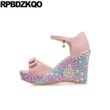 11 43 Super Extreme 10 42 Ankle Strap Flower Printed High Heels Shoes Pink Round Toe Big Size Wedge Platform Pumps Women Peep 2024 - buy cheap