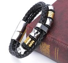 Genuine Black Leather Wristband Stainless Steel Gold   Chain Bracelet 8.66'' Top Selling 2024 - buy cheap