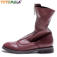 TOTOMELA 2022 New Natural genuine leather boots women zipper solid color retro wine red square heel ankle boots female shoes 2024 - compre barato