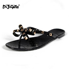 Dijigirls chinelos para mulheres, chinelos baixos com laço de rebites, para meninas, sapatos de verão legal para praia e geleia, dropshipping 2024 - compre barato