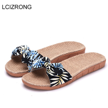 LCIZRONG-Pantuflas de cama con hojas para mujer, zapatos de playa de lino para el hogar, estilo bohemio Hawaiano, chanclas creativas 2024 - compra barato