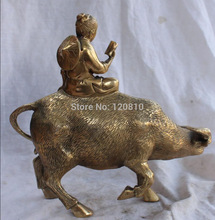 Estatua de bronce chino de 11 ", estatua de Animal de Tongzi, Chico, libro de retención sobre Toro, buey, envío gratis 2024 - compra barato
