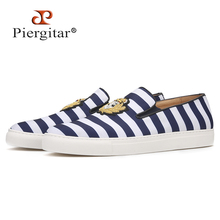 Piergitar 2019 mixed colors striped canvas men sneakers with custom crown silk designs Handcrafted men loafers white outsole 2024 - buy cheap