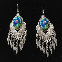 Thailand Boho Vintage Tibetan Silver Tassels Ear Hook Tribal Earrings Handmade Blue Flower Long Hanging Earrings Nationality 2024 - buy cheap