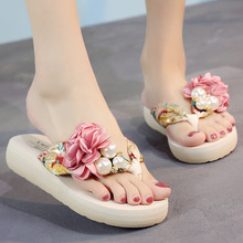 Best-selling Women Bohemian Slippers Thick-sole Beach Shoes Pink Cuffs Flip-flops Sandals Wedges Flowers Comfortable Slippers 2024 - buy cheap