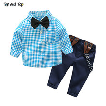 Костюм для детей ясельного возраста, Хлопковая одежда для маленьких мальчиков весенняя одежда для новорожденных комплекты детской одежды в джентльменском стиле костюм клетчатая рубашка с бабочкой для мальчиков + подтяжки для брюк 2024 - купить недорого