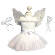 Niños Niñas blanco brillante chica pluma Ángel cumpleaños Cosplay tutú vestido de fiesta de Navidad tutú vestidos con alas de pelo varitas de hadas 2024 - compra barato