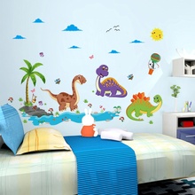 Виниловые Съемные наклейки с динозавром из мультфильма для детской спальни, гостиной, ванной плитки, домашнего декора, самоклеющиеся наклейки на стену 2024 - купить недорого