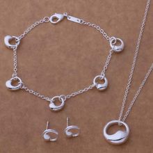 Silver plated jewelry sets, silver jewelry set round bling simple band fine chain fashion Bracelet Necklace Earring /LWMETKOX 2024 - buy cheap