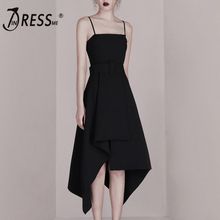 INDRESSME 2019 New Women Fashion Black Dress Spaghetti Straps Ruffle Asymmetrical Hemline Party Sashes Midi Dress 2024 - buy cheap